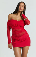 Jade Mini Dress - Long Sleeve Off Shoulder Draped Bias Cut Dress in Red