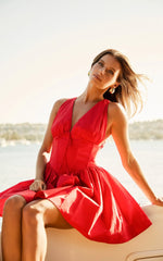 Madeline Mini Dress - V Neck Corset Waist Gathered Full Skirt Dress in Red