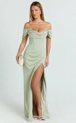 Marcel Maxi Dress - Off Shoulder Corset High Split Dress in Sage