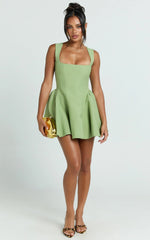 Kailee Mini Dress - Wide Strap Square Neck Fit And Flare Tulip Dress in Sage
