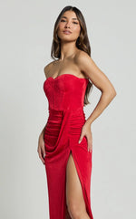 Brydie Maxi Dress - Strapless Corset Draped High Split Dress in Red