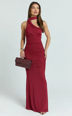 Larson Maxi Dress - Asymmetric Tie Neck Column Dress in Wine