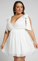 Karalyn Mini Dress - Bow Strap Plunge Pearl Detail Dress in White