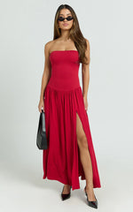 Harlee Maxi Dress - Strapless Drop Waist Knit Bodice Full Gathered Skirt Dress in Red
