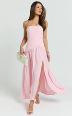 Nadiane Maxi Dress - Strapless Asymmetric Drop Waist Dress in Pink