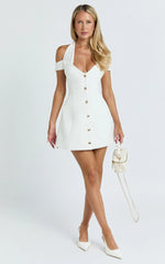Baylee Mini Dress - Off Shoulder Button Front Tulip Skirt Dress in White