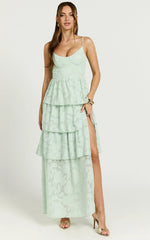 Janezkie Maxi Dress - Femme Tiered Jacquard Formal Dress in Mint