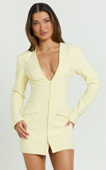 Cady Mini Dress - V Neck Hook And Eye Front Fitted Dress in Yellow