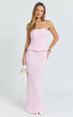 Anya Two Piece Top and Skirt Set - Strapless Fit And Flare Top And Maxi Skirt in Pink