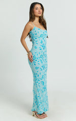 Robbie Maxi Dress - Strappy Scoop Neck Column Fitted Sequin Mesh Dress in Blue