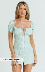 Estelle Mini Dress - Off Shoulder Ruched Bodice Fitted Placket Front Skirt Dress in Mint Stripe