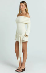 Rhianna Mini Dress - Knitted Off Shoulder Tie Waist Mini Dress in Cream