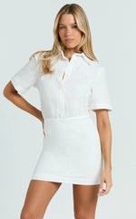 Muriel Mini Dress - Blouson Linen Blend Shirt Dress in Off White