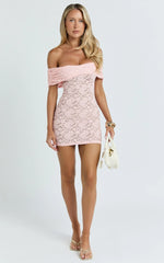 Nalani Mini Dress - Lace Off Shoulder Bodycon Dress in Pink