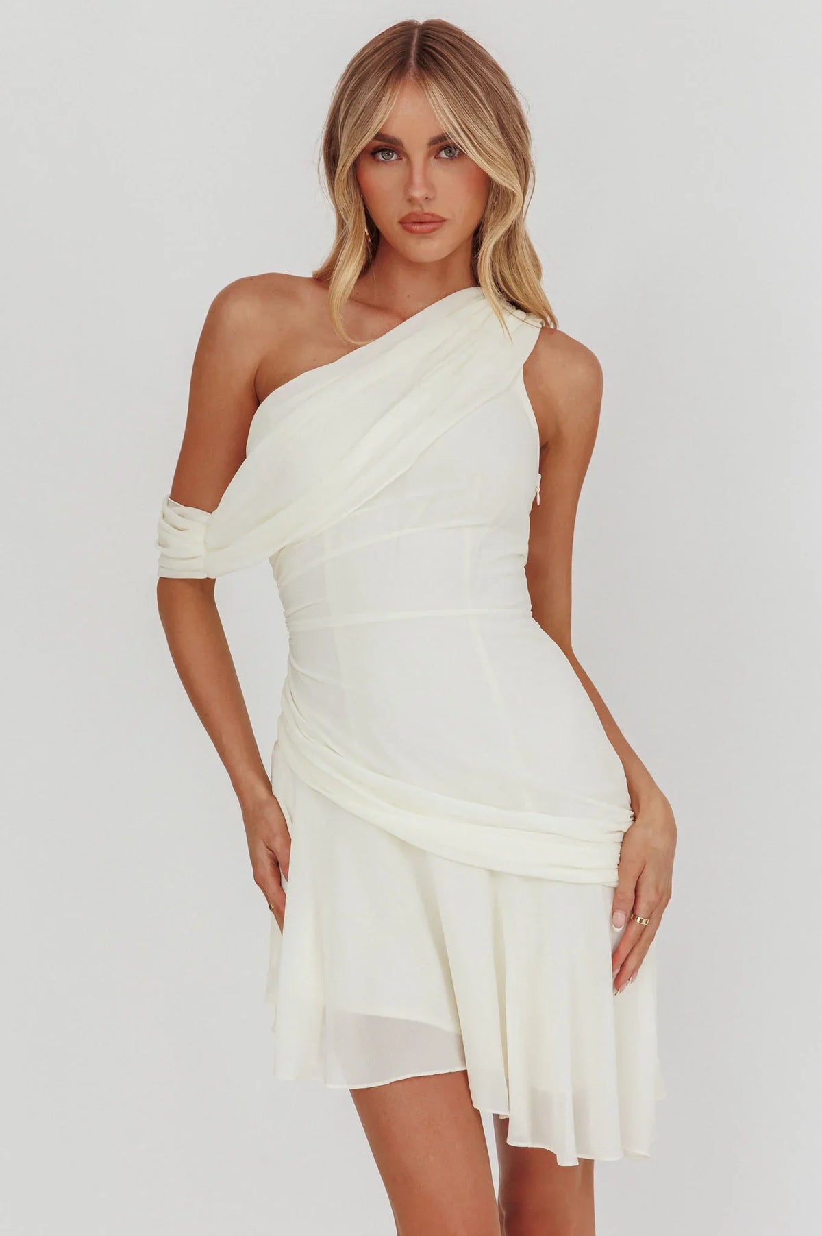 Anaisa One-Shoulder Draped Mini Dress Cream