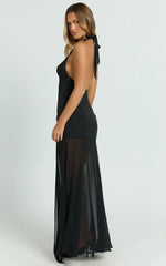 Lauren Maxi Dress - Plunge Halterneck High Split Dress in Black