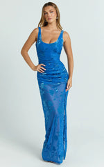 Inez Maxi Dress - Scoop Neck Gathered Front Split Dress in Blue