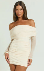 Clyde Mini Dress - Mesh Off Shoulder Ruched Bodycon Dress in Cream
