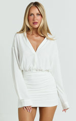 Pearce Mini Dress - Ruched Jersey Shirt Dress in White