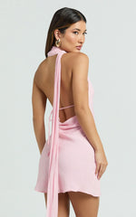 Maddox Mini Dress - Scarf Neck Low Tie Back Slip Dress in Pink