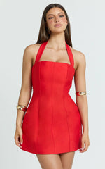 Lucie Mini Dress - Halter Neck Tulip Dress in Red