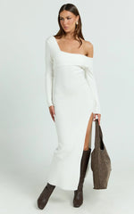Gladys Maxi Dress - Asymmetric Shoulder Long Sleeve Knit Dress in Cream
