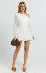 Hayes Mini Dress - Off Shoulder Bellow Top Flip Skirt Dress in White