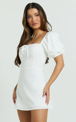 Jules Mini Dress - Puff Sleeve Square Neck Fit And Flare Dress in White
