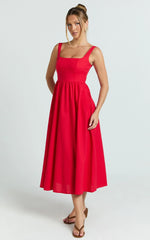 Khari Midi Dress - Linen Look Square A Line Dress in Red