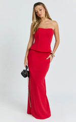 Anya Two Piece Top and Skirt Set - Strapless Fit And Flare Top And Maxi Skirt in Red