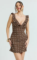 Isla Mini Dress - Ruffle Sleeve A Line Dress in Chocolate Polka Dot
