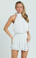 Bryonie Mini Dress - Backless Halter Dress in Ivory With Black Polka Dot