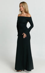 Ayla Maxi Dress - Off Shoulder Flared Sleeve Bodycon Dress in Black