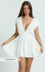 Luisa Mini Dress - Plunge Neckline Linen Blend Fit and Flare Dress in Off White