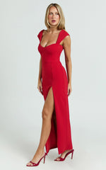 Gabrielle Maxi Dress - Cap Sleeve Sweetheart Neck Bodycon Dress in Red