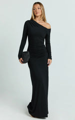 Milly Maxi Dress - Asymmetrical Off Shoulder Long Sleeve Side Ruching Maxi Dress in Black