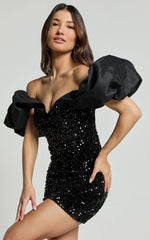 Delphine Mini Dress - Off Shoulder Sequin Bodycon Dress in Black