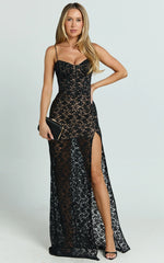 Aerilyn Maxi Dress - Lace Corset Front Fitted Dress in Black