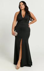 Moana Maxi Dress - Halter Plunge Front Split Dress in Black