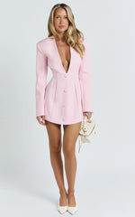 Ninette Mini Dress - V Neck Tulip Hem Blazer Dress in Pink