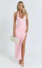 Ruby Maxi Dress - Halter Scoop Neck Low Back Bodycon Dress in Pink