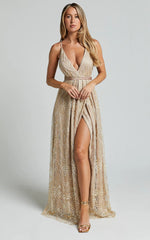 New York Nights Maxi Dress - Sequin Plunge Cross Back Dress in Gold
