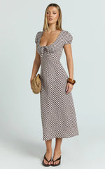 Bernice Midi Dress - Gingham Scoop Neck A Line Dress in Chocolate Gingham