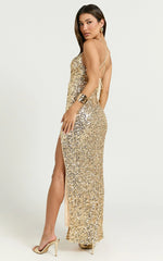 Nala Maxi Dress - Sequin Cowl Neck High Split Dress in Gold