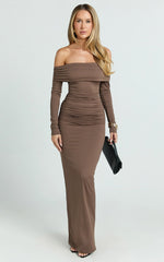 Emilie Maxi Dress - Off Shoulder Long Sleeve Ruched Jersey Dress in Dark Brown