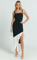 Cera Maxi Dress - Asymmetrical Contrast Frill Hem Dress in Black & White