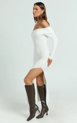 Gladys Maxi Dress - Asymmetric Shoulder Long Sleeve Knit Dress in Cream