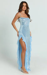 Belize Maxi Dress - Sequin Asymmetric Ruffle Split Bodycon Dress in Sky Blue
