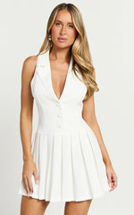 Hannah Mini Dress - Tailored Button Down Pleated Mini Dress in White