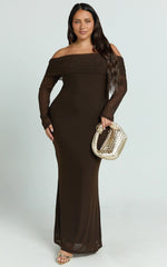 Bethanie Maxi Dress - Off The Shoulder Mesh Dress in Chocolate